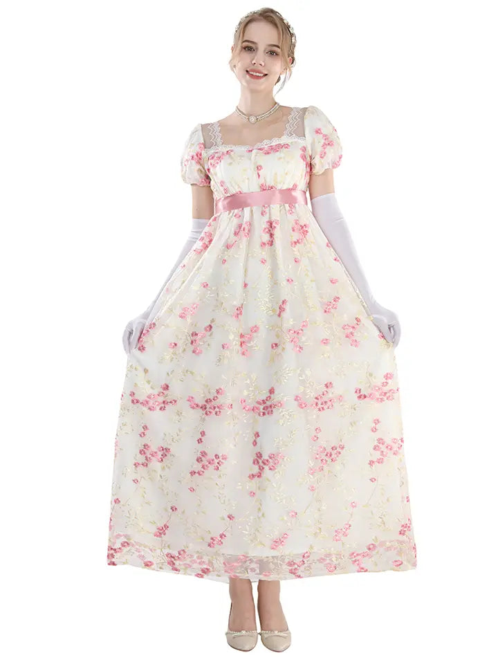 NSPSTT Daphne Floral Regency Gown - Pink Embroidered Vintage Dress