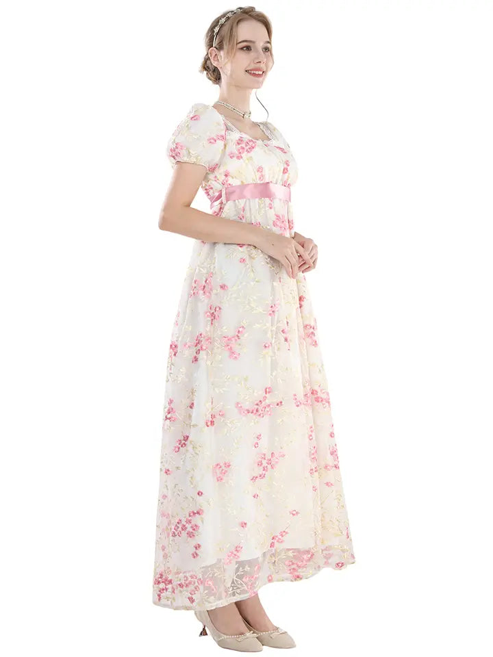 NSPSTT Daphne Floral Regency Gown - Pink Embroidered Vintage Dress 
