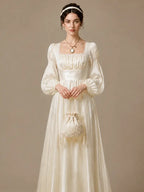 Cream Regency Gown Set – Vintage Lace Bodice & Lantern Sleeve Renaissance Dress