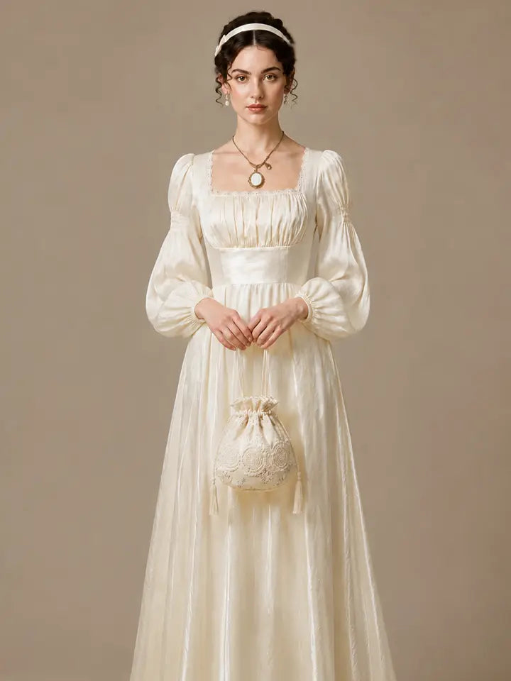 Cream Regency Gown Set – Vintage Lace Bodice & Lantern Sleeve Renaissance Dress