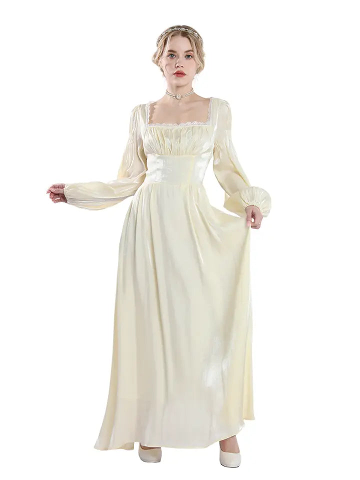 Cream Regency Gown Set – Vintage Lace Bodice & Lantern Sleeve Renaissance Dress