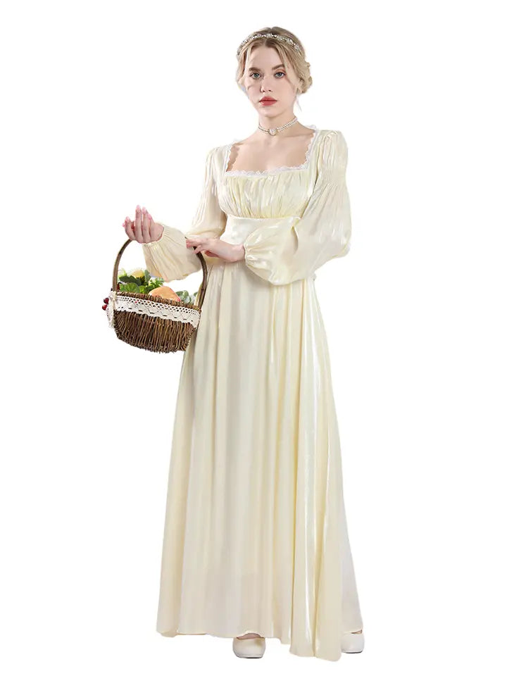 Cream Regency Gown Set – Vintage Lace Bodice & Lantern Sleeve Renaissance Dress