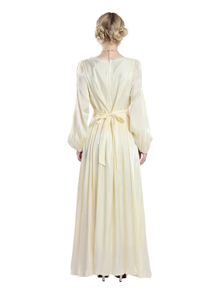 Cream Regency Gown Set – Vintage Lace Bodice & Lantern Sleeve Renaissance Dress