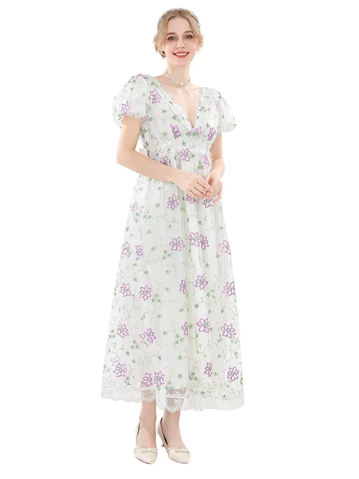 Floral Embroidered Dress - Lace Trim Cottagecore Maxi Gown– NSPSTT