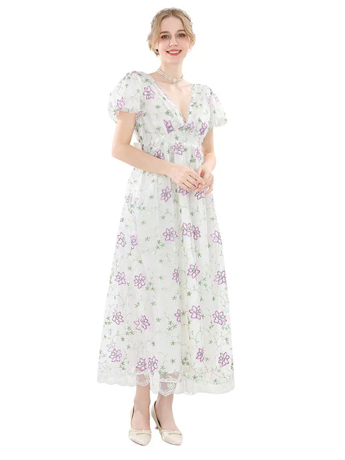 Floral Embroidered Dress - Lace Trim Cottagecore Maxi Gown– NSPSTT