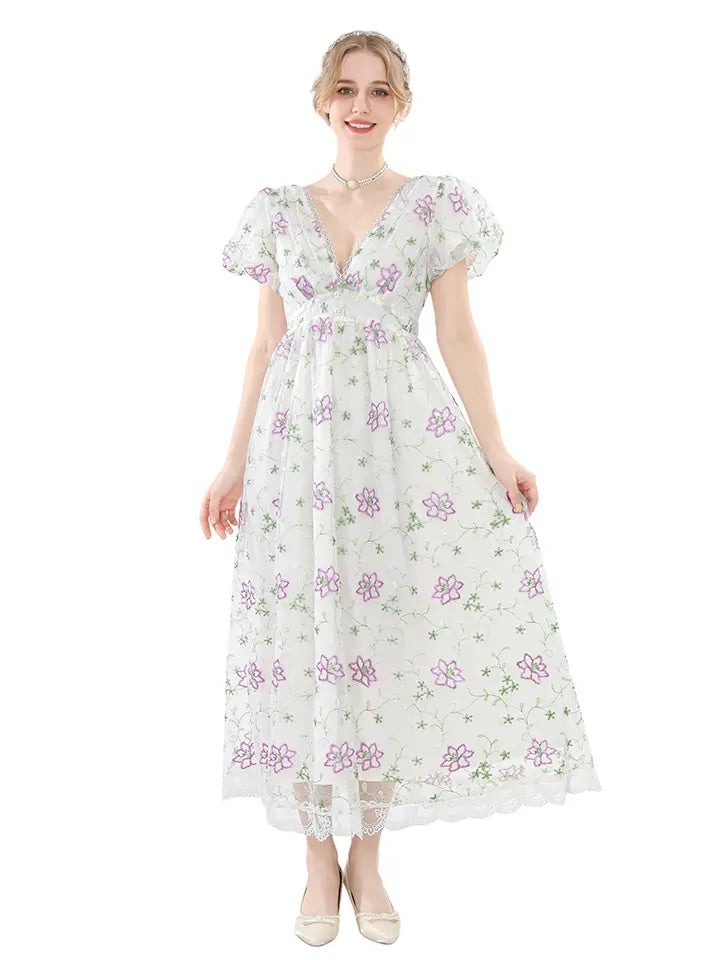 Floral Embroidered Dress - Lace Trim Cottagecore Maxi Gown– NSPSTT