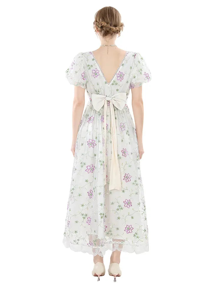 Floral Embroidered Dress - Lace Trim Cottagecore Maxi Gown– NSPSTT