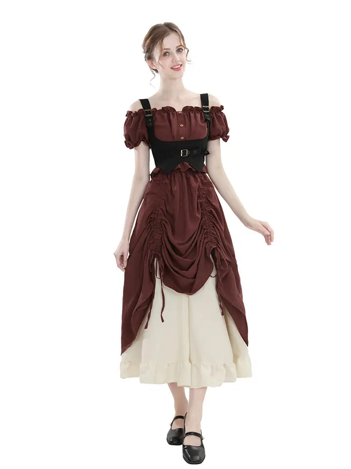 High Waist Renaissance Maxi Dress – Off Shoulder Victorian Puff Sleeve Gown