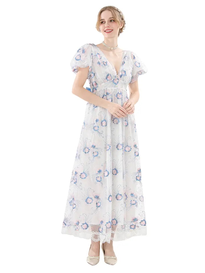 Maxi Dress Long - Renaissance Floral Puff Sleeve Costume– NSPSTT