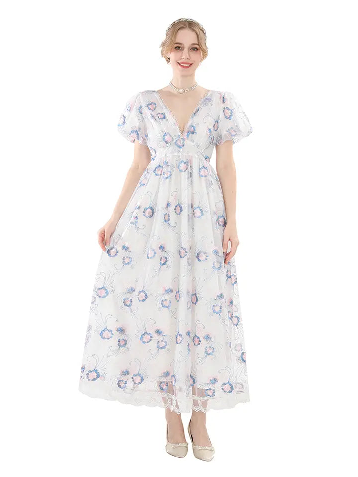 Maxi Dress Long - Renaissance Floral Puff Sleeve Costume– NSPSTT