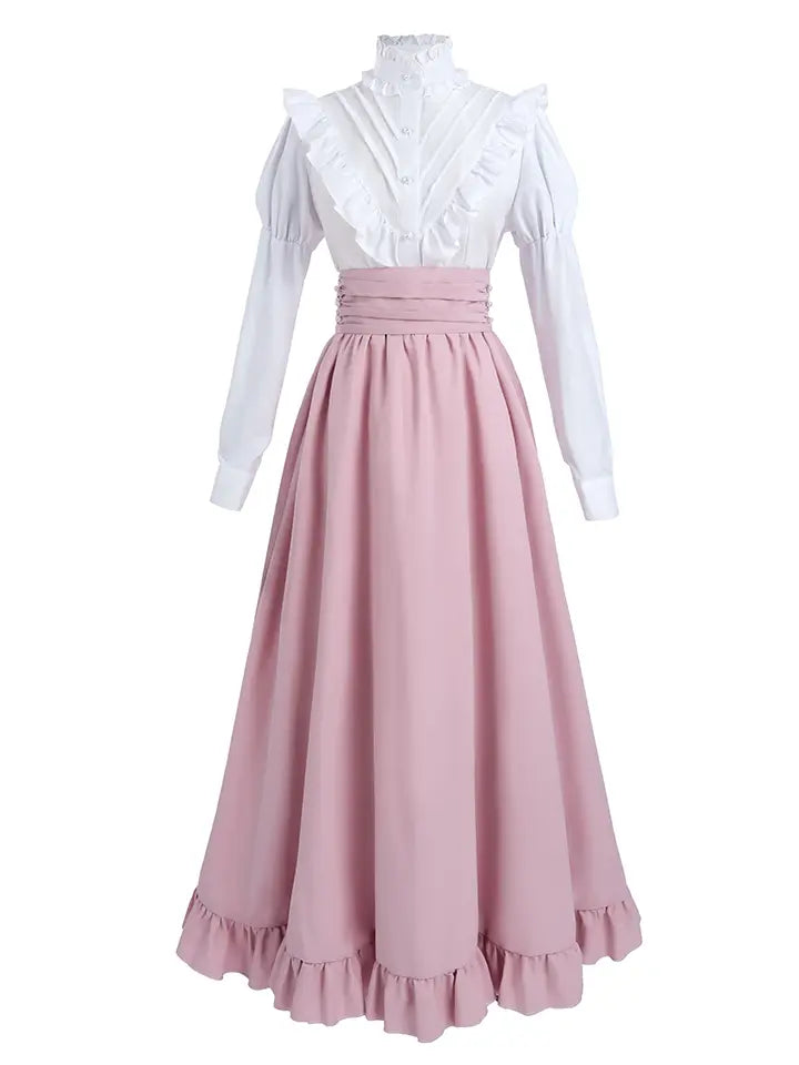 Pink Cottagecore Dress Set – Romantic Ruffle Blouse & Renaissance Skirt Outfit– NSPSTT