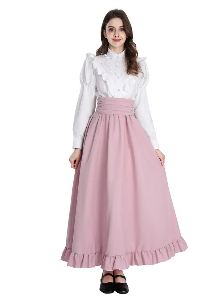 Pink Cottagecore Dress Set – Romantic Ruffle Blouse & Renaissance Skirt Outfit– NSPSTT