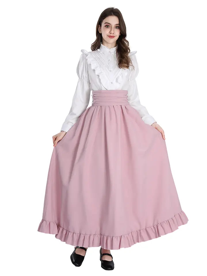 Pink Cottagecore Dress Set – Romantic Ruffle Blouse & Renaissance Skirt Outfit– NSPSTT