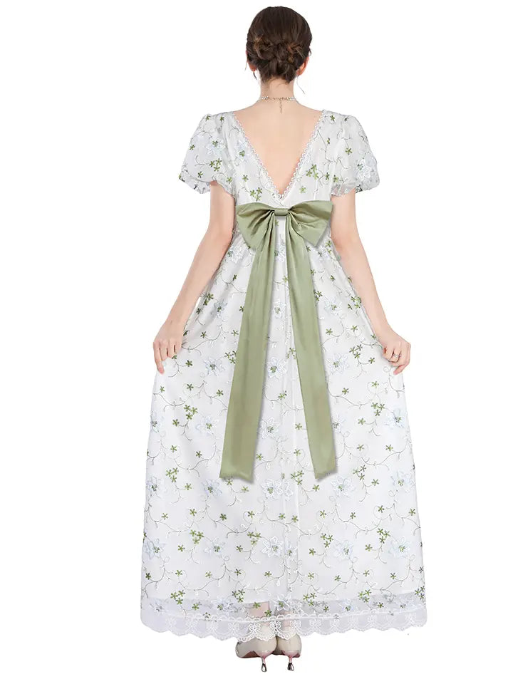 Renaissance Dress - Floral Embroidered Puff Sleeve Maxi Dress