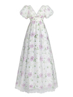 Renaissance Dress - Floral Embroidered Puff Sleeve Maxi Dress