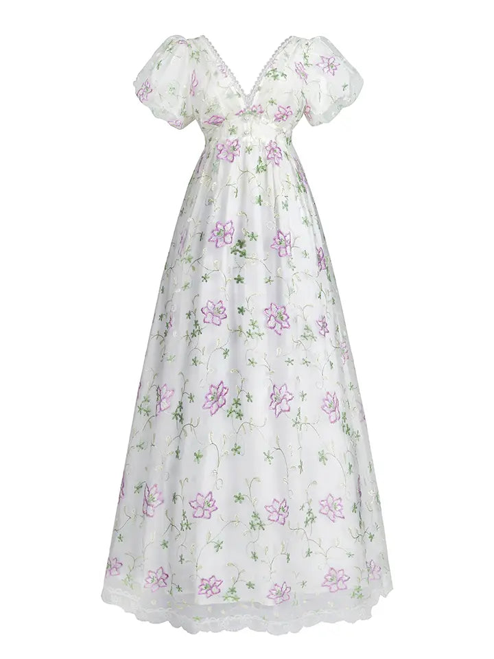 Renaissance Dress - Floral Embroidered Puff Sleeve Maxi Dress