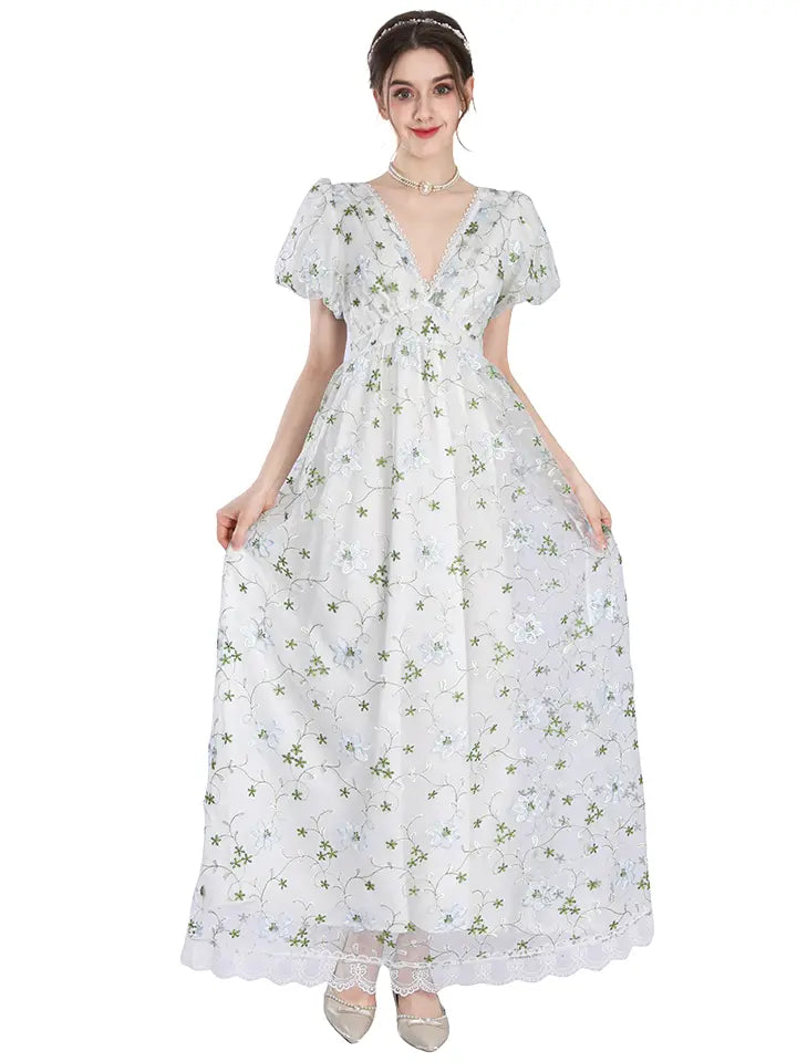 Renaissance Dress - Floral Embroidered Puff Sleeve Maxi Dress