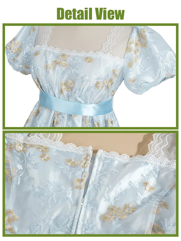 Renaissance Dress - Floral Embroidered Puff Sleeve Satin Gown