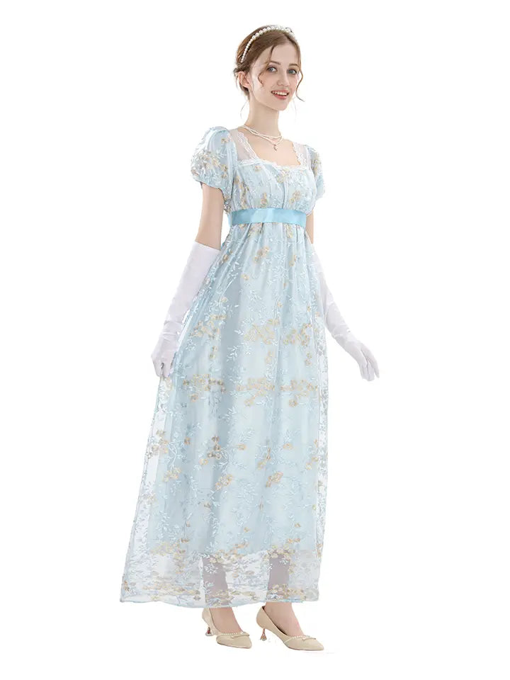 Renaissance Dress - Floral Embroidered Puff Sleeve Satin Gown