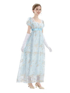 Renaissance Dress - Floral Embroidered Puff Sleeve Satin Gown