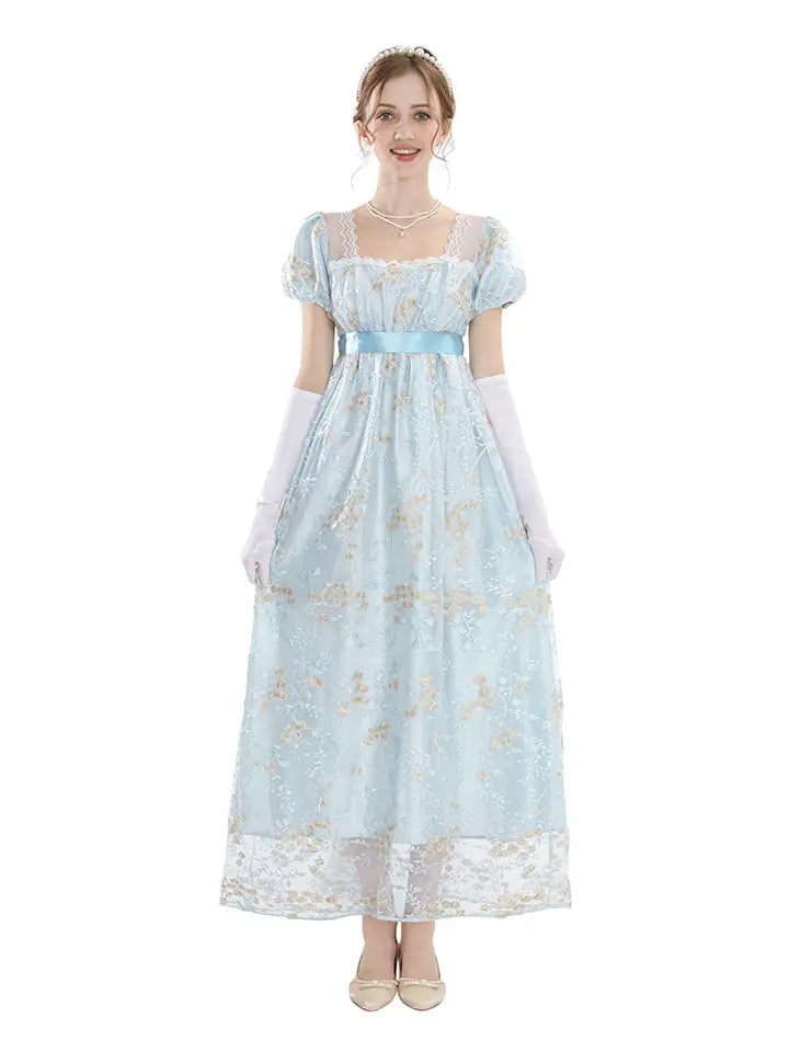 Renaissance Dress - Floral Embroidered Puff Sleeve Satin Gown