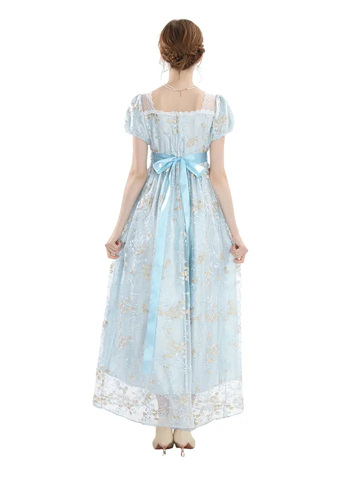 Renaissance Dress - Floral Embroidered Puff Sleeve Satin Gown