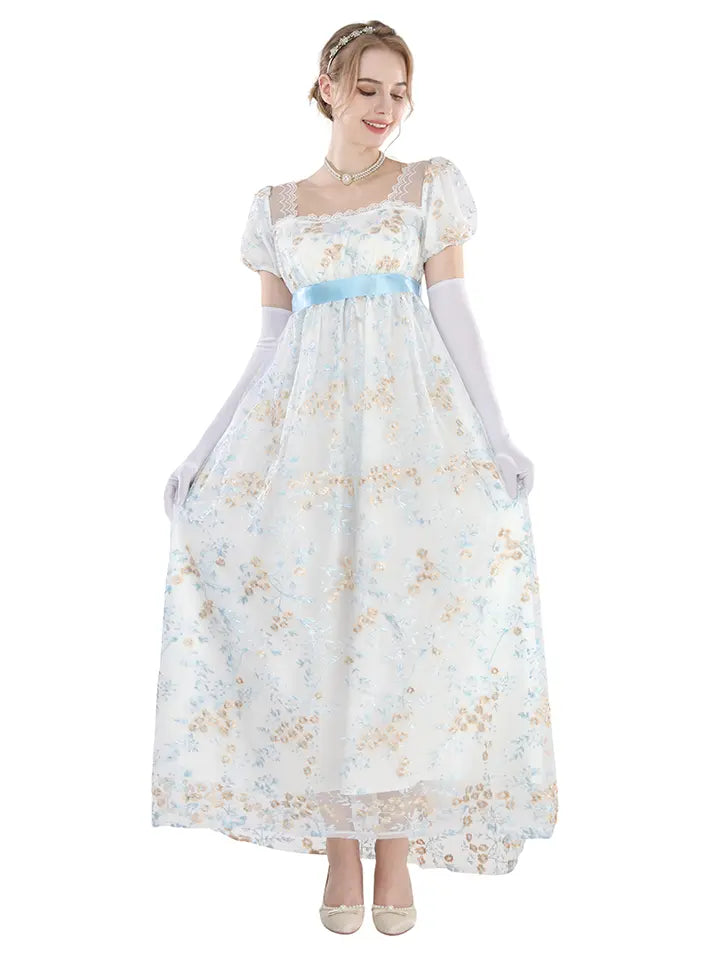 Renaissance Dress - Floral Embroidered Puff Sleeve Satin Gown