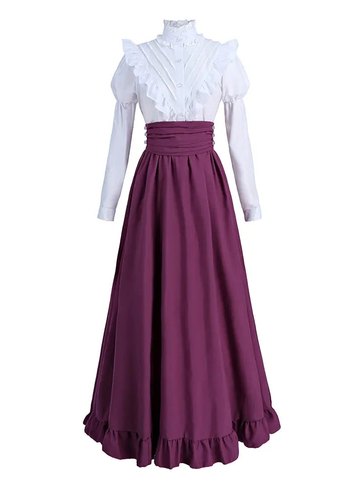 Victorian Peasant Dress Set - Ruffle Blouse Tiered Skirt