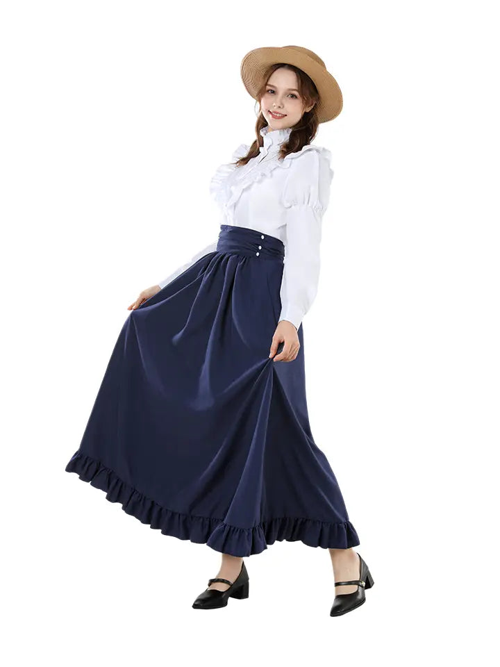 Victorian Peasant Dress Set - Ruffle Blouse Tiered Skirt