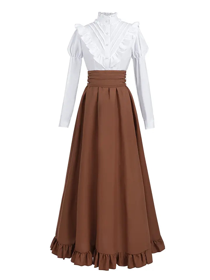 Victorian Peasant Dress Set - Ruffle Blouse Tiered Skirt
