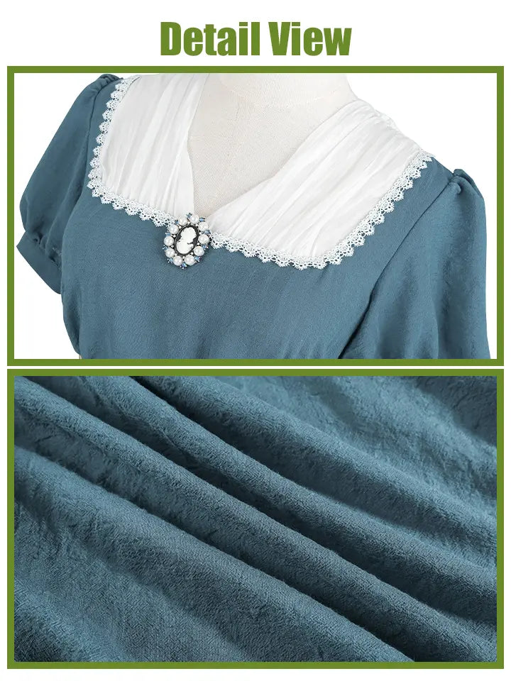 Renaissance Dress – Vintage Cotton Lace Trim Tiered Ruffle Maxi Dress in Grey Blue
