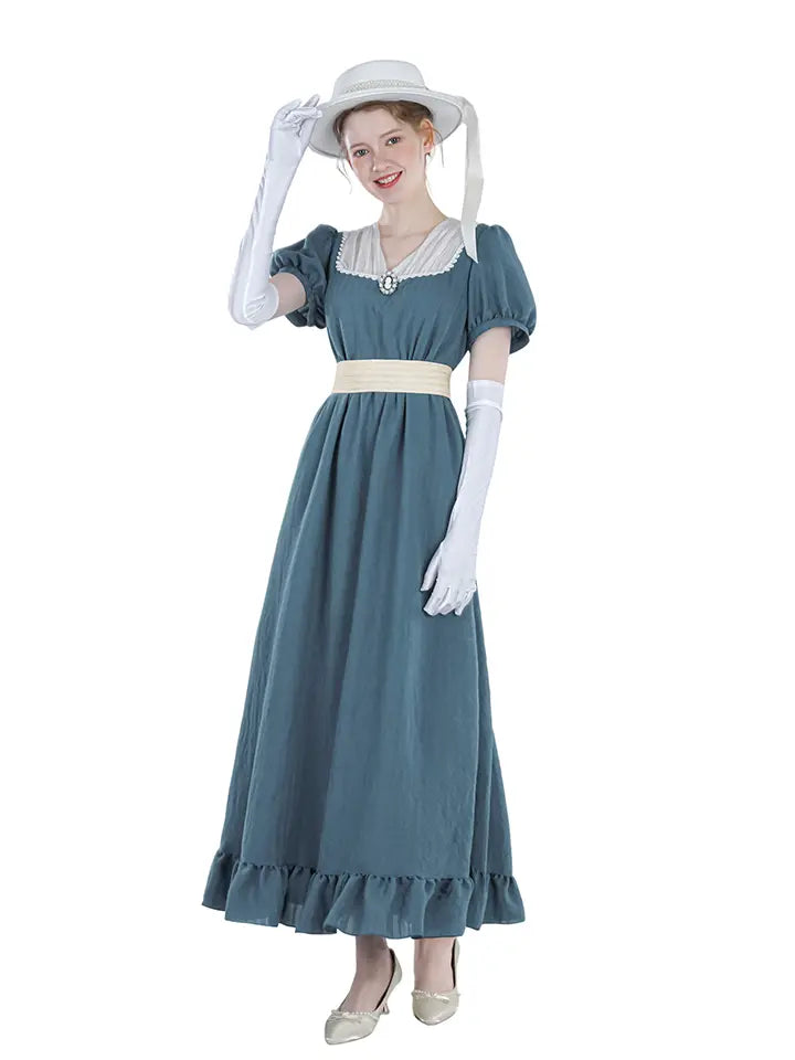 Renaissance Dress – Vintage Cotton Lace Trim Tiered Ruffle Maxi Dress in Grey Blue