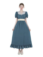 Renaissance Dress – Vintage Cotton Lace Trim Tiered Ruffle Maxi Dress in Grey Blue