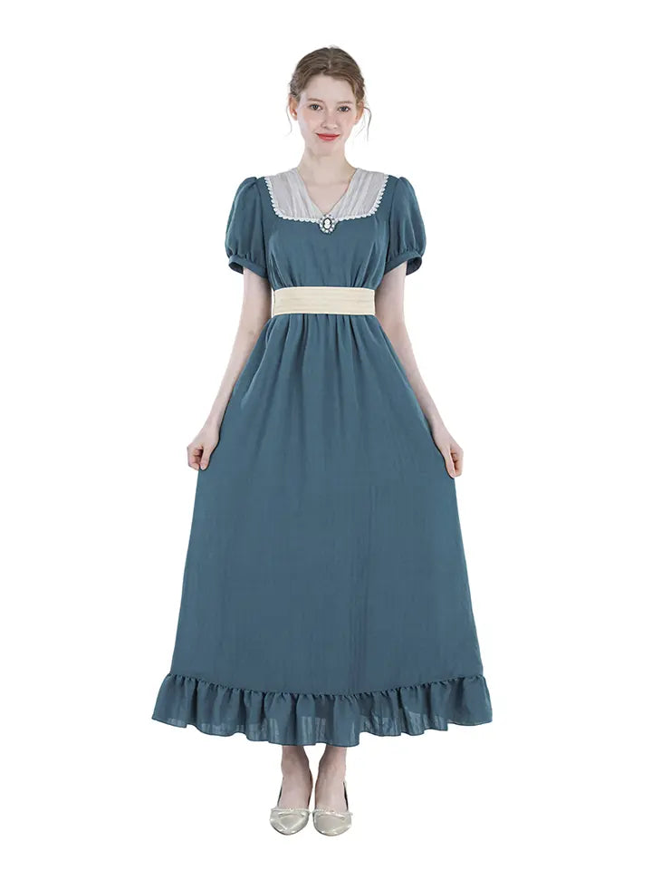 Renaissance Dress – Vintage Cotton Lace Trim Tiered Ruffle Maxi Dress in Grey Blue