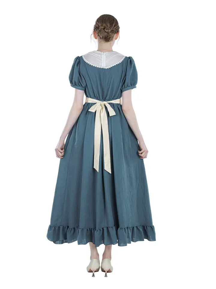 Renaissance Dress – Vintage Cotton Lace Trim Tiered Ruffle Maxi Dress in Grey Blue