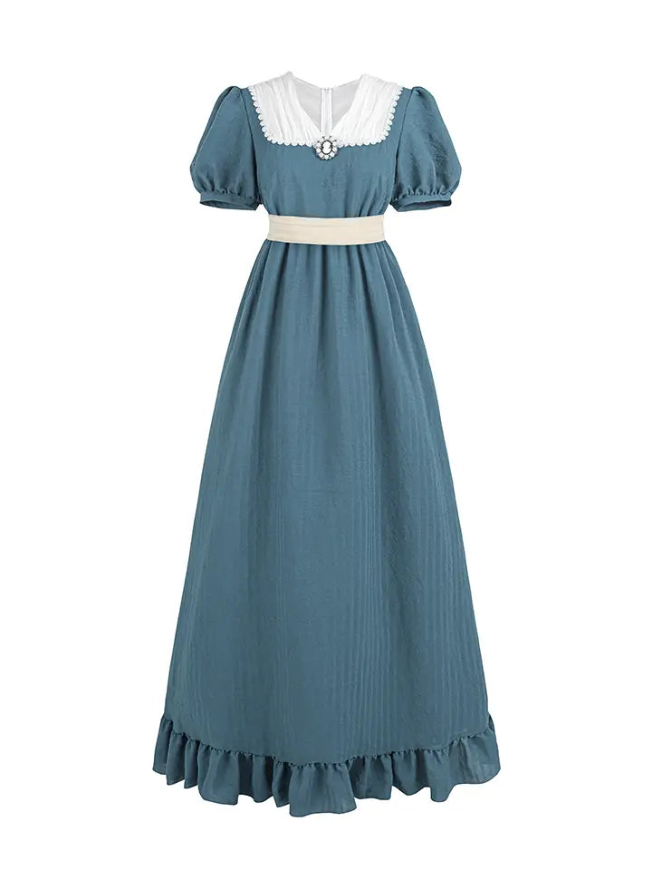 Renaissance Dress – Vintage Cotton Lace Trim Tiered Ruffle Maxi Dress in Grey Blue