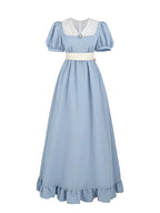 Renaissance Dress – Vintage Cotton Lace Trim Tiered Ruffle Maxi Dress in Grey Blue