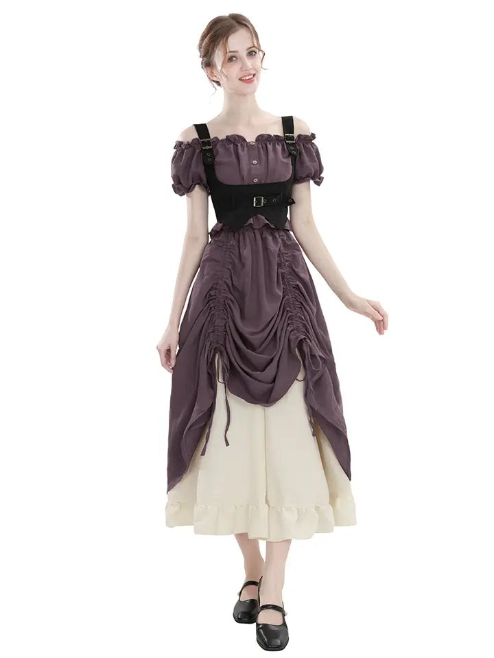 Renaissance Lace Trim Maxi Dress – Off Shoulder Puff Sleeve Fair Costume