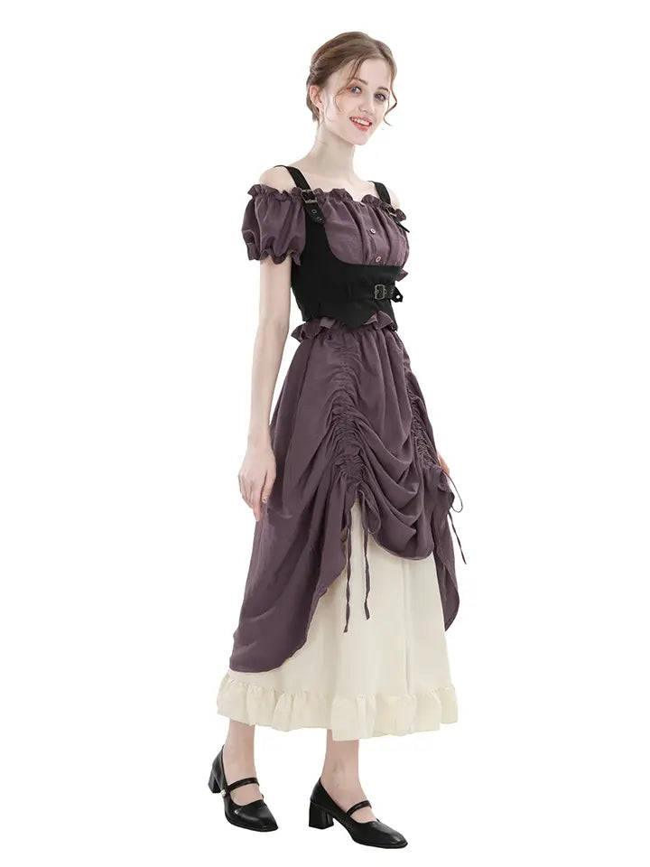 Renaissance Lace Trim Maxi Dress – Off Shoulder Puff Sleeve Fair Costume