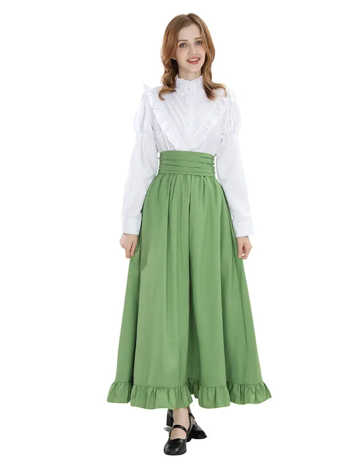Sage Green Renaissance Outfit – Cottagecore Ruffle Blouse Dress Set– NSPSTT
