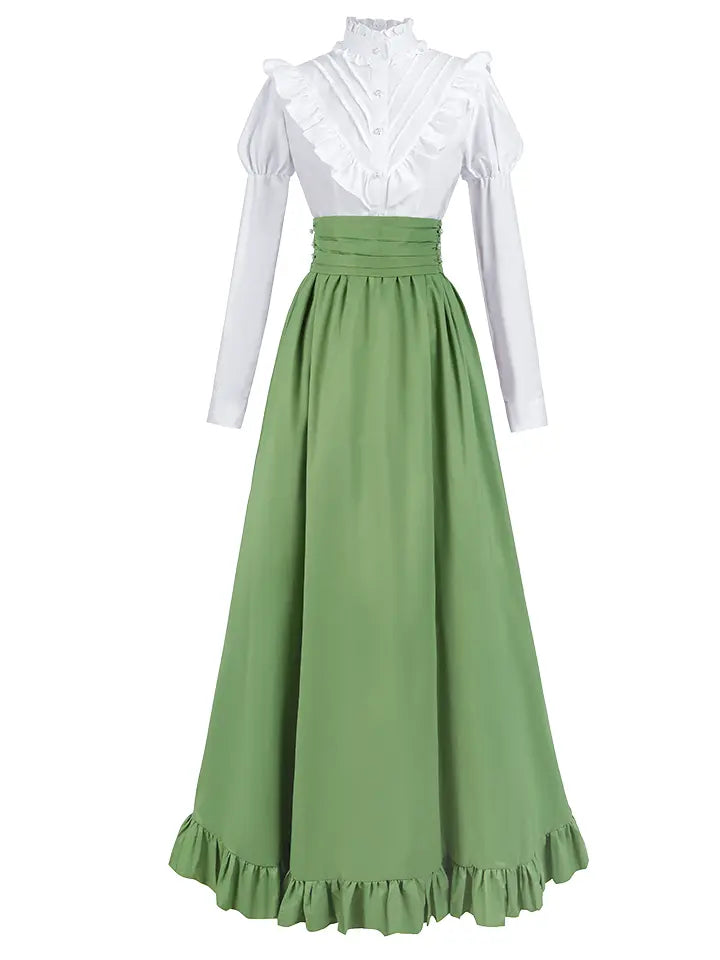 Sage Green Renaissance Outfit – Cottagecore Ruffle Blouse Dress Set– NSPSTT