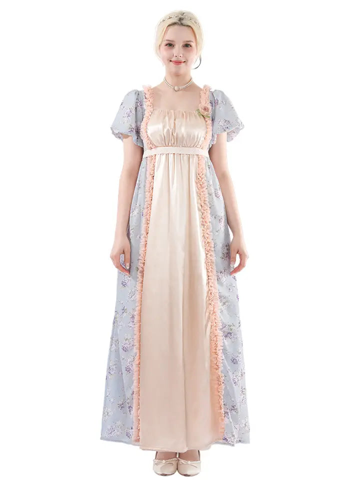 Victorian Dress - Puff Sleeve Satin Chiffon Maxi Gown