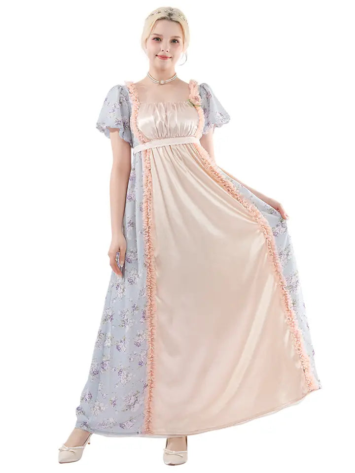 Victorian Dress - Puff Sleeve Satin Chiffon Maxi Gown
