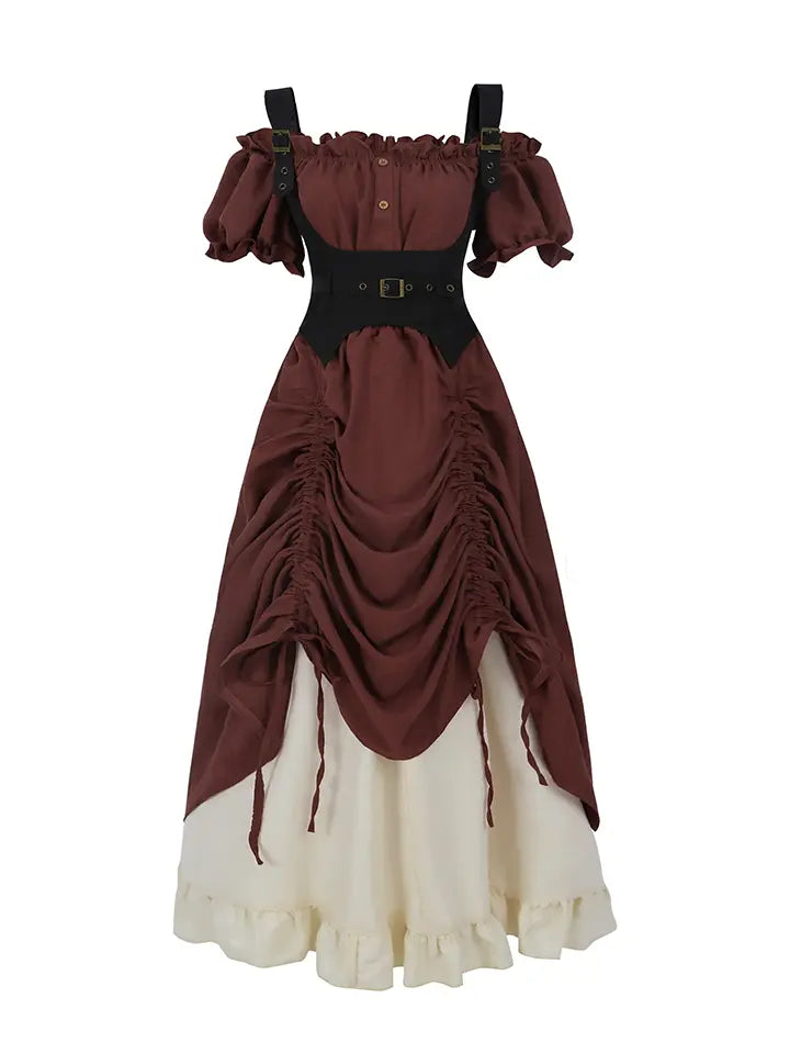 Victorian Off Shoulder Puff Sleeve Maxi Dress – Elegant High Waist Renaissance Fair Costume