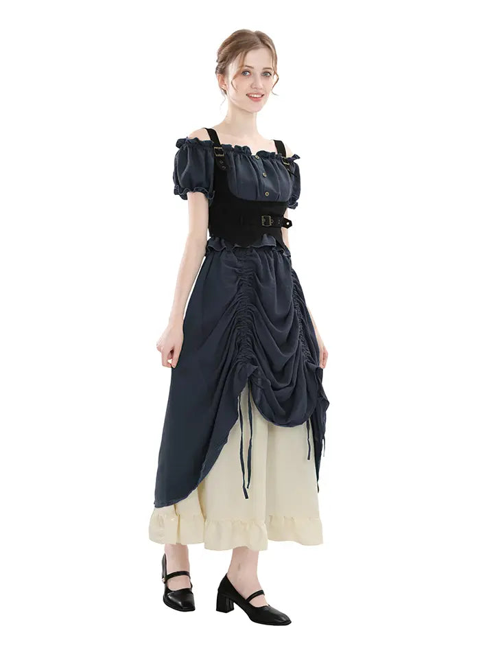 Victorian Off Shoulder Puff Sleeve Maxi Dress – Elegant High Waist Renaissance Fair Costume