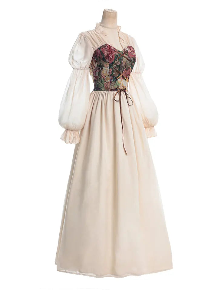 Close up detail of NSPSTT vintage floral jacquard corset dress with lace up design