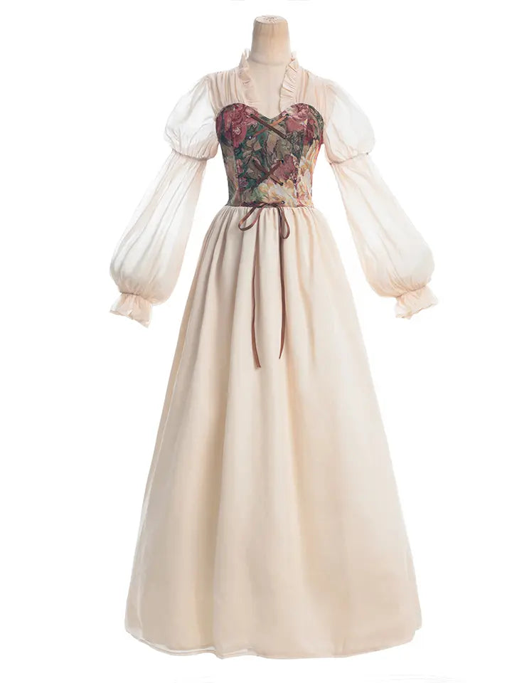 NSPSTT floral jacquard puff sleeve maxi dress featuring lace up corset bodice