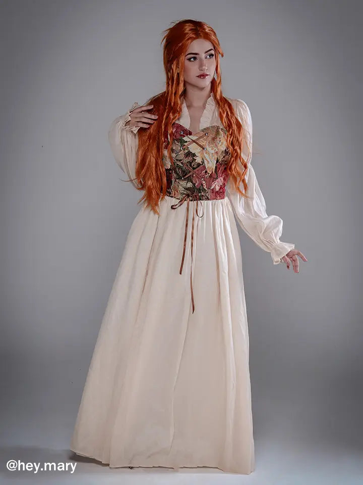 NSPSTT floral jacquard corset maxi dress with puff sleeves shown in studio lighting