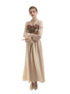 NSPSTT women's vintage floral jacquard puff sleeve long dress with corset waist