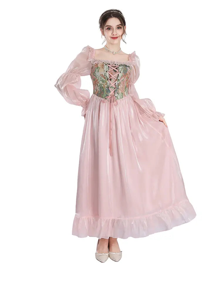 Pink cottagecore floral maxi dress with elegant flowing skirt detail